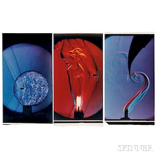 After Harold E. "Doc" Edgerton (American, 1903-1990) Three Color Photographs: Vortex at a Fan Blade Tip, Bullet Through Bubble, and Can