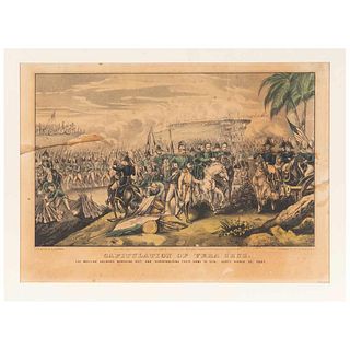 Currier, Nathaniel. Capitulation of Vera Cruz. The Mexican Soldiers... New York, 1847. Litografía acoloreada, 9.6 x 14" (24.5x35.5 cm). Framed.