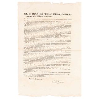 Ley del 20 Abril para Llevar la Guerra con Estados Unidos. México: April 22, 1847.  1 h. 17.7 x 12.5" (45 x 32 cm). Decree.