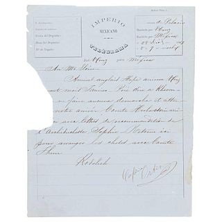 Coronel Rodolich. Telegrama Dirigido al Sr. Eloin. De Veracruz a Palacio Nacional, 1864. 1 h.