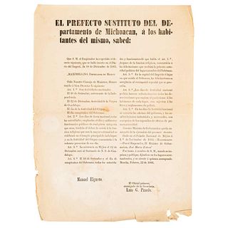 Habsburgo, Maximiliano de - Elguero, Manuel. Bando sobre los Días de Fiesta Nacional. Morelia, February 22nd, 1866. 1 h. 17 x 12.7" (43.5 x 32.5 cm)