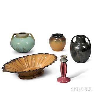 Fulper Pottery: Three Vases, Candlestick, and Center Bowl