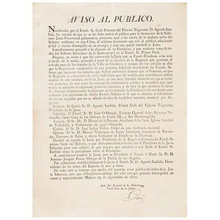 Espinosa de los Monteros, Juan J. Aviso de la Junta Soberana al Público. México, September 29th, 1821.