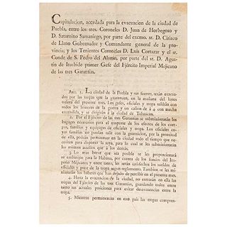 Iturbide, Agustín de. - Llano, Ciriaco de. Capitulación, Acordada para la Evacuación de la Ciudad de Puebla, 1821.