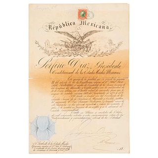 Díaz, Porfirio. Nombramiento de Luis Gonzaga Rodríguez como Escribiente de la SHCP. México, October 22nd, 1878. Signed.