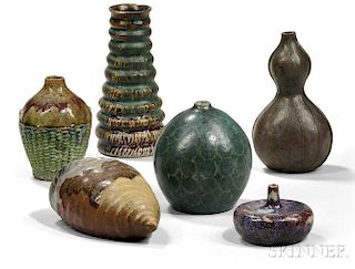 Six French Art Pottery Items, Including E. Lachanal, Dalpayrat, Jeanneney,   and Grittel