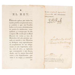 Carlos IV / Ventura de Taranco, Antonio. Real Decreto para que los Ministros de los Dominios de las Indias, Filipinas... Madrid, 1789.