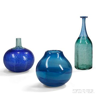 Three Kosta Boda Glass Vases: Two Gunnel Sahlin (b. 1954), One Bertil Vallien