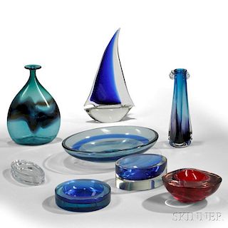 Seven Art Glass Vessels and a Sailboat Sculpture