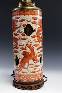 Chinese iron red porcelain vase, made into a lamp.