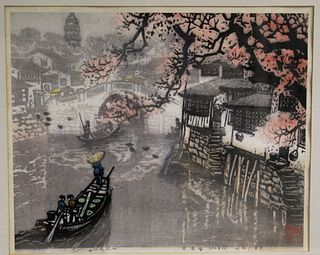 Chinese woodblock print, by Zhou Xinghua, framed.