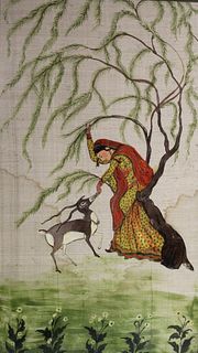 Large Indian painting on silk. framed.