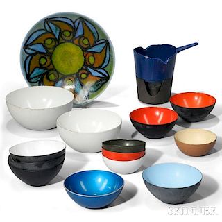 Fourteen Mid-century Enameled Tableware Items and a Poole Pottery Plate
