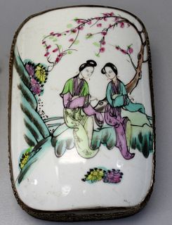 Chinese metal box with famille rose porcelain cover. 
