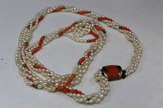 Pearl and coral necklace, silver clasp.