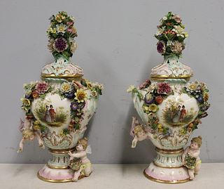 Pair Of Meissen Style Lidded Floral And