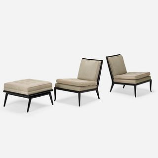T.H. Robsjohn-Gibbings, lounge chairs pair, and ottoman