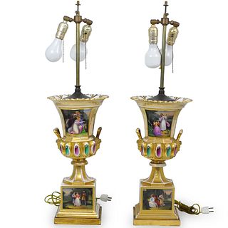 Pair of Hand Painted Campana Urn Lamps