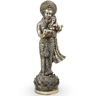 Silver Bronze Statue of Goddess Holding Ganesha