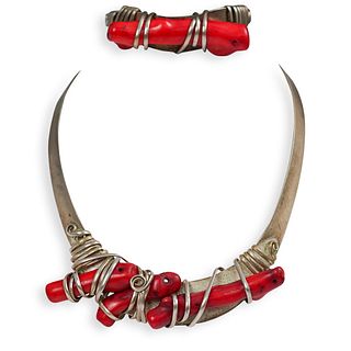 (2 Pc) Silver and Coral Necklace Set