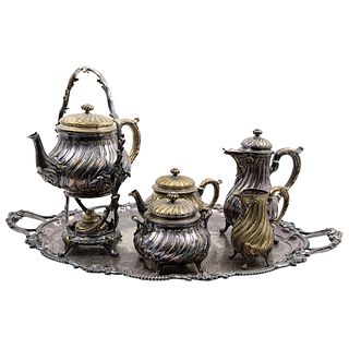 Tea and Coffee Set. France. 20th Century. CHRISTOFLE. Tray, teapot, coffee maker, cream pot, sugar bowl, and samovar.