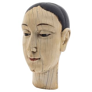 Head of a Virgin. Chinese-Hispanic. 18th Century. Carved in polychrome ivory and glass applications in eyes.