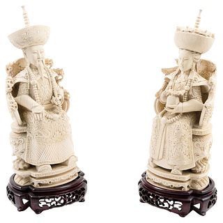 Imperial Couple. China. Early 20th Century. Carved in ivory with sgraffito. Signed on base.