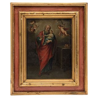 St. Joachim and the Child Virgin. Mexico. 18th Century. Oil on Copper Sheet.