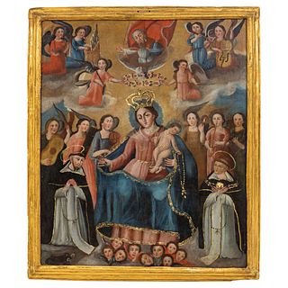 Our Lady of the Rosary Surrounded by Saints and Musical Angels. Mexico. Early 20th Century. Oil on canvas.