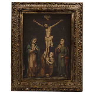 Crucifixion. Mexico. 18th Century. Oil on canvas. Frame in carved wool and gold.