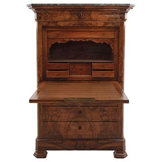 Secretaire. Early 20th Century. Wood with walnut plating and marble top. Hinged door and key.