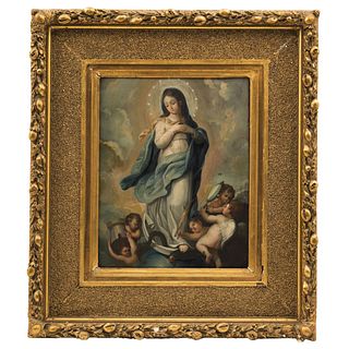 Virgin of Immaculate Conception. Mexico. 18th Century. Oil on copper sheet.