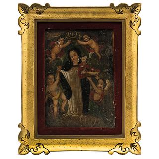 Our Lady of Light. Mexico. 19th Century. Oil on Sheet.
