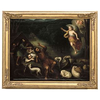 Apparition of Angel to Shepherds. Mexico. Late 18th Century. Oil on Canvas.