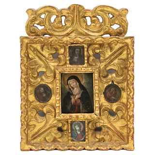 Altarpiece with Virgin of Solitude Surrounded by Saints and Passionate Angel. Mexico. 19th Century. Images in oil on sheet.
