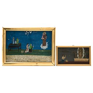 Lot of Two Ex-votos. Mexico. 19th Century. Oil on zinc sheet. One in devotion to St. Anthony of Padua and another to the Virgin of Guadalupe.