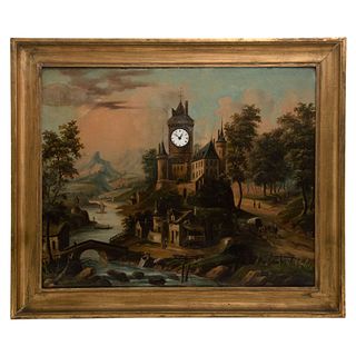 Landscape with Castle and Watch. 19th Century. Oil on canvas with clock.