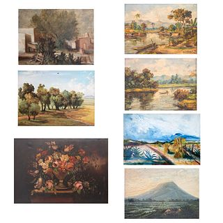 Lote de 7 obras pictóricas. Paisajes y Naturaleza muerta. 6 óleos sobre tela y soporte rígido. Algunos enmarcados. 69 x 99 cm (mayor)