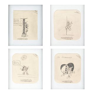 Vargas, Gabriel. Caricaturas de personajes de la Familia Burrón. Firmadas y fechadas 1985. Punta lápiz sobre papel. Piezas: 4.