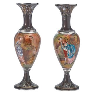 Pair of French Silver & Limoges Enamel Vases, Retailed by Tiffany & Co.
