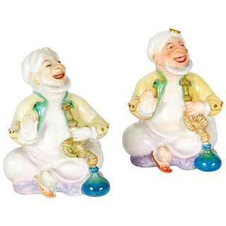 Pair of Miniature Meissen Porcelain Figurines Turks Smoking Hookah
