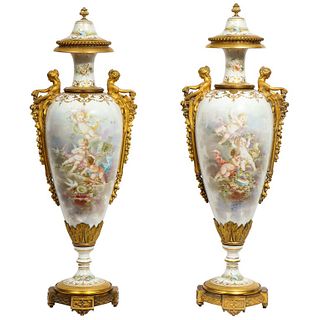 Monumental Pair of French Ormolu-Mounted Sevres Porcelain Vases and Covers