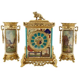 French Japonisme Gilt-Metal Mounted Three-Piece Porcelain Clock Garniture