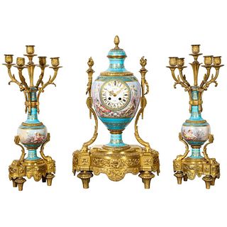 Exceptional French Ormolu-Mounted Turquoise Jeweled Sevres Porcelain Clock Set