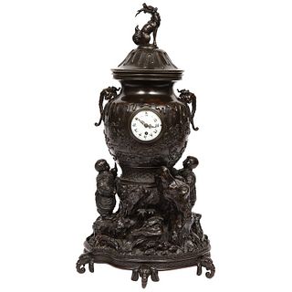 Japanese Patinated Bronze Figural Clock Vase, Meiji Period
