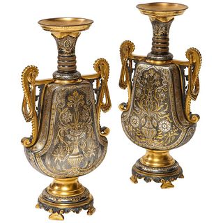 Christofle & Cie, A Pair of French Gilt and Silvered Bronze "Persian" Vases