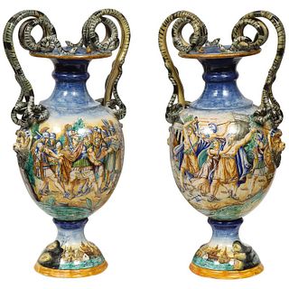 Imposing Pair of Large Antique Italian Majolica Snake-Handled Vases
