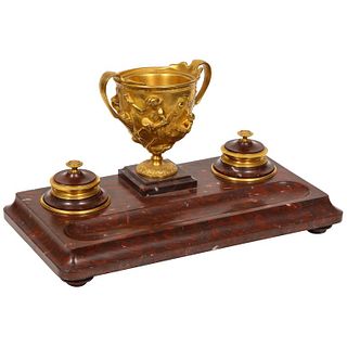 Large Rouge Marble and Gilt Bronze Inkwell Encrier, Attributed to Barbedienne