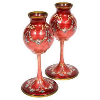 Beautiful Pair of French Red Guilloche Enamel Vases with Flowers