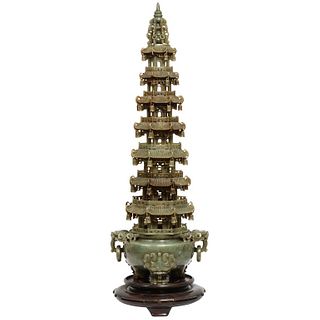 Monumental Chinese Green Translucent Jade Carved Pagoda Censer, 19th Century